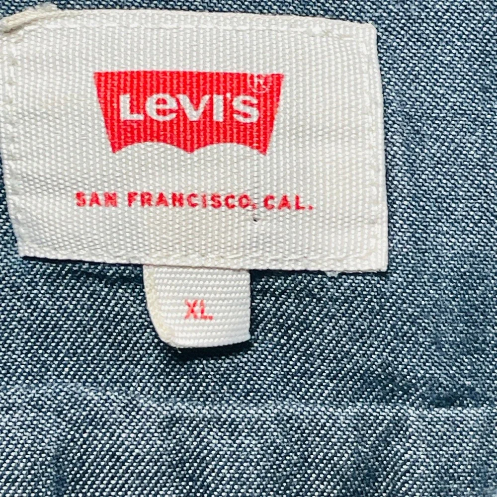 Levis Button Down Shirt Mens XL Blue Palm Tree Print Short Sleeve Cotton Denim